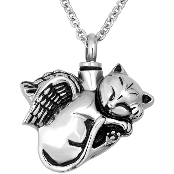 🆕Resting Cat Angel Stainless Steel Pet Urn Cremation Ashes Necklace - Picture 4 of 5